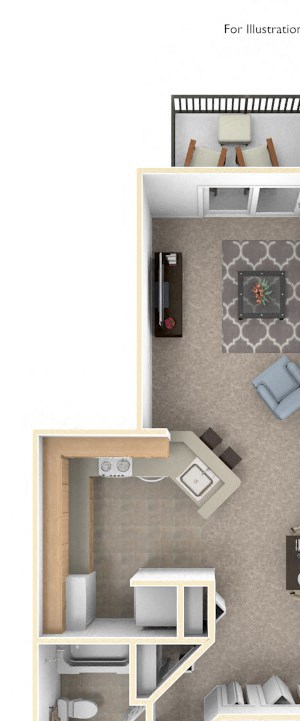 Front-to-Back One Bedroom Floor Plan Front-to-Back One Bedroom Floor Plan at Irish Hills Apartments, South Bend, IN